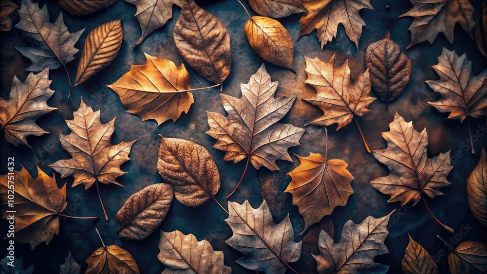 This pattern showcases dried brown leaves against a dark backdrop, creating a seamless design ideal for nature-themed textiles and enhancing natural aesthetics in various applications. This pattern showcases dried brown leaves against a dark backdrop, creating a seamless design ideal for nature-themed textiles and enhancing natural aesthetics in various applications.