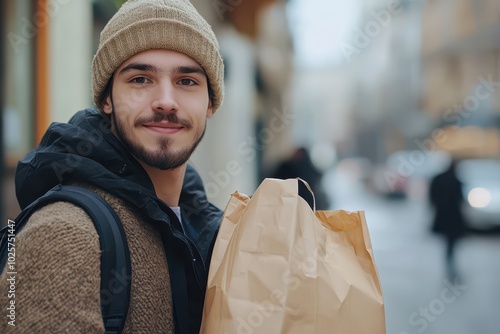 Young man with a beard and beanie holding a paper bag on a city street, blurred background, casual urban lifestyle. photo