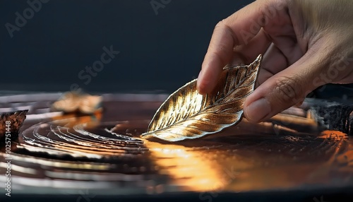 Gold leaf gently applied to a surface by hand, showing craftsmanship and care, gold leafing,