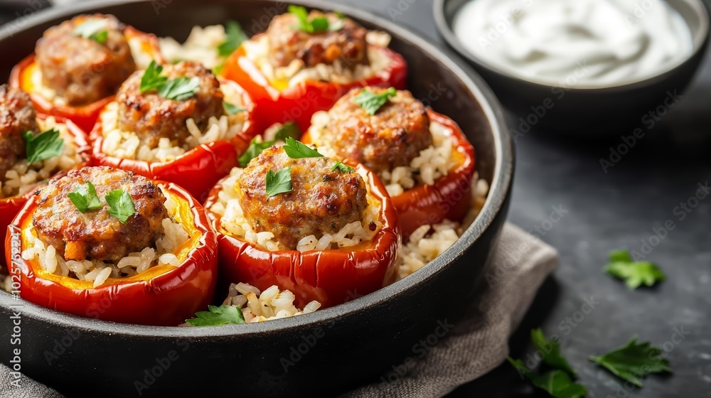 Gourmet stuffed mini bell peppers filled with sausage and rice, baked to perfection and served with yogurt and parsley, rustic skillet meal concept Gourmet stuffed mini bell peppers filled with sausage and rice, baked to perfection and served with yogurt and parsley, rustic skillet meal concept