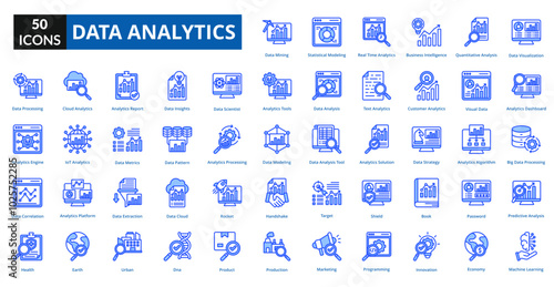 data analytics blue icon set collection. Data Visualization, Analytics Dashboard, Big Data Processing, Predictive Analysis, Machine Learning, Data Mining, Statistical Modeling, Real Time Analytics
