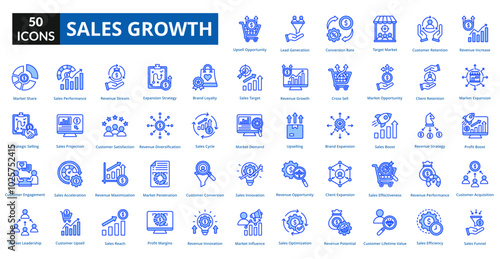 sales growth blue icon set collection. Revenue Increase, Market Expansion, Customer Acquisition, Sales Funnel, Upsell Opportunity, Lead Generation, Conversion Rate, Target Market, Customer Retention
