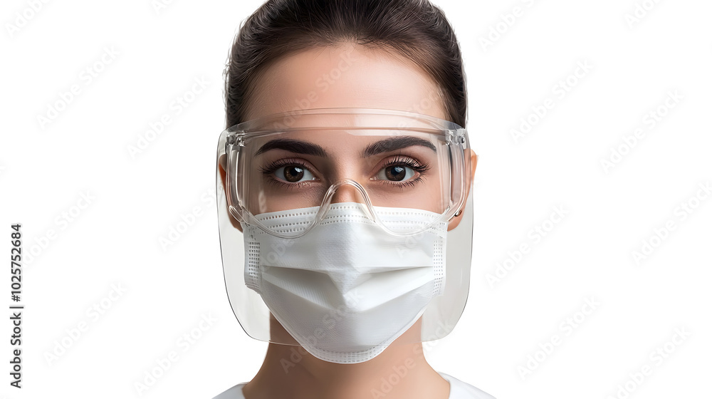 professional woman scientist wearing protective face mask and safety goggles, exuding confidence and dedication to her work in laboratory setting