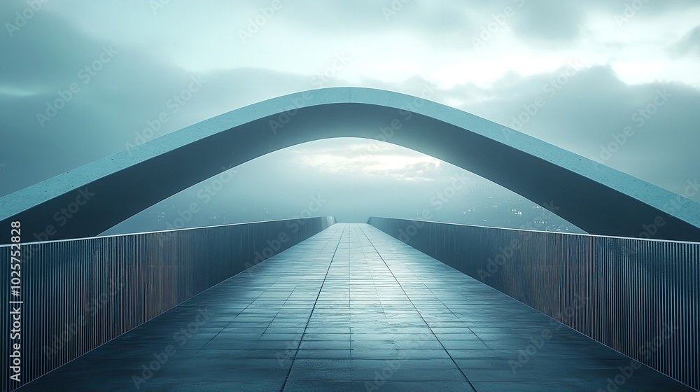 Futuristic Concrete Bridge with Arch Design Under Dramatic Cloudy Sky at Dawn Futuristic Concrete Bridge with Arch Design Under Dramatic Cloudy Sky at Dawn