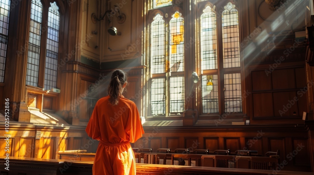 Captivating courtroom scene with sunlight and a solitary figure in orange attire, reflecting on justice and hope. Captivating courtroom scene with sunlight and a solitary figure in orange attire, reflecting on justice and hope.