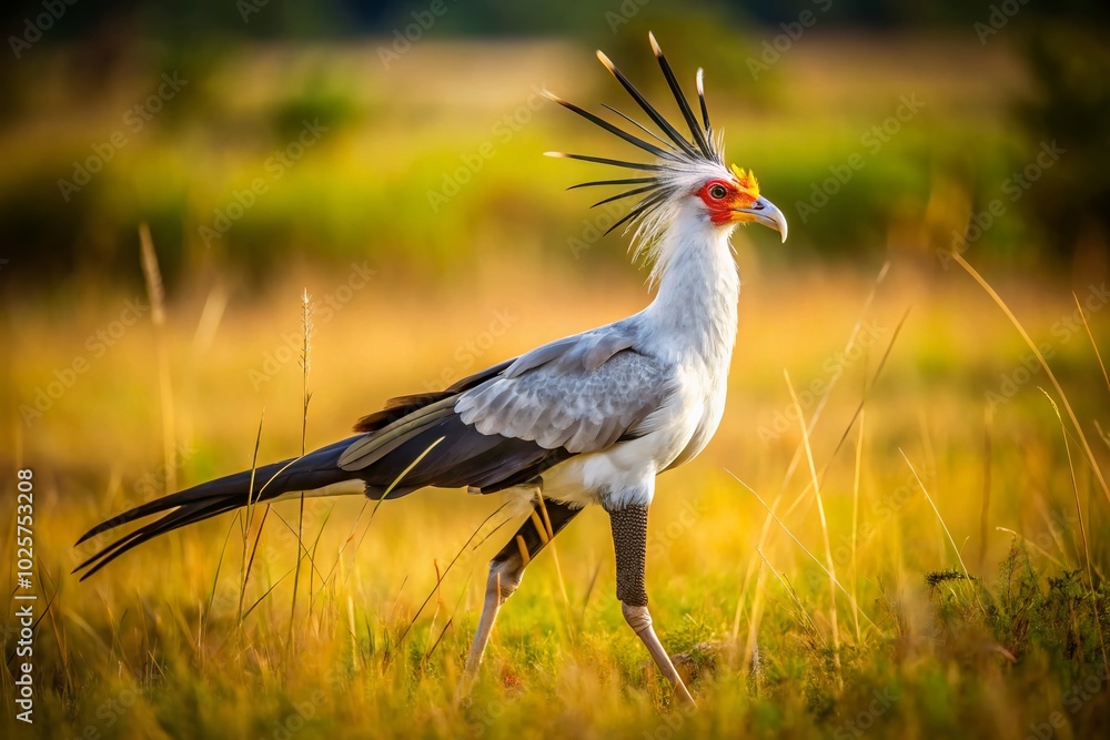 Fototapeta premium Majestic Secretary Bird Striding Through Grasslands with Sharp Eyes and Elegant Feathers in Focus