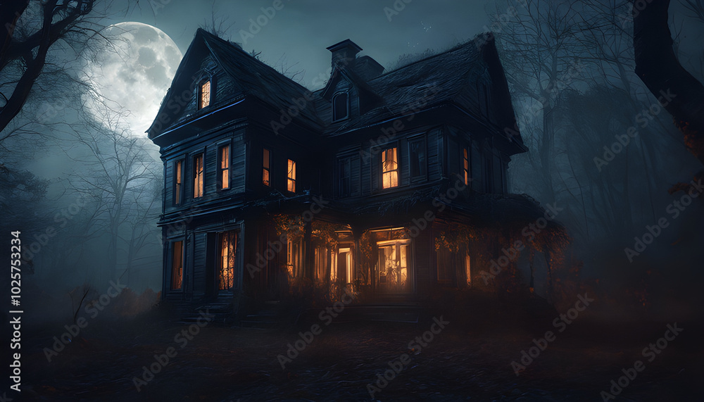 Fototapeta premium An abandoned house stands in a dark, cold Halloween night. The house has broken windows and wide open doors.
