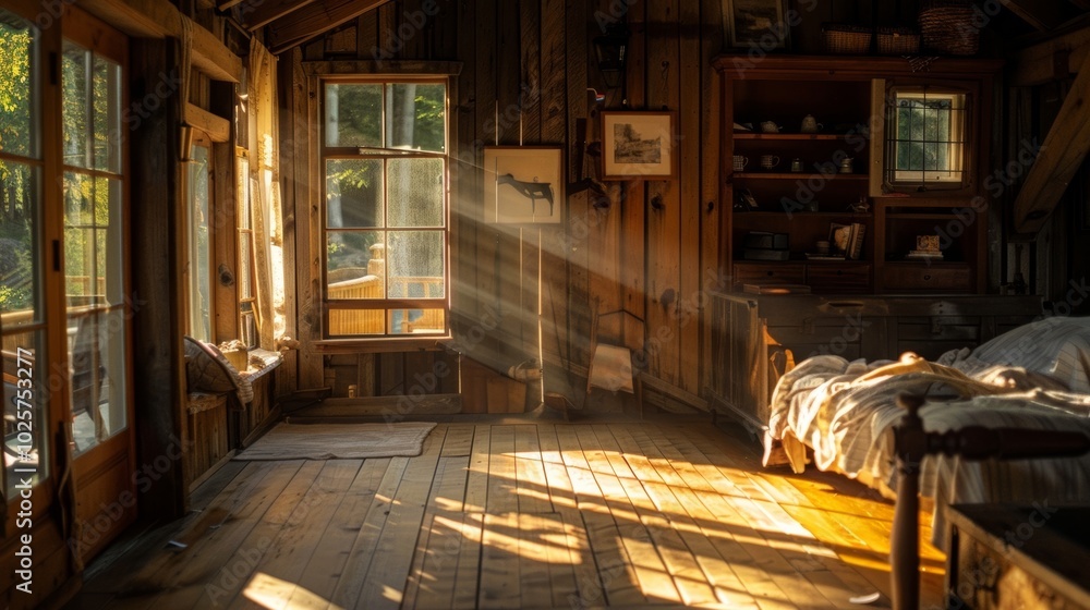 Sunlight Streams Through a Cozy Cabin, Illuminating the Wooden Interior with Warmth and Comfort in a Peaceful Setting Sunlight Streams Through a Cozy Cabin, Illuminating the Wooden Interior with Warmth and Comfort in a Peaceful Setting