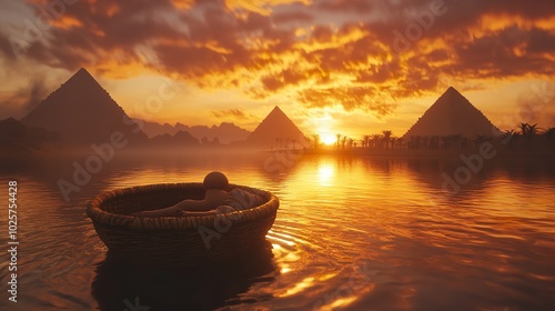 A Baby in a Wicker Basket Floats Gently on a Still Lake at Sunset with a Distant Pyramid photo