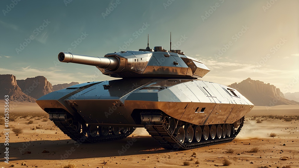 Futuristic Hover Tank Gliding Over a Vast Desert Landscape at Sunset Futuristic Hover Tank Gliding Over a Vast Desert Landscape at Sunset