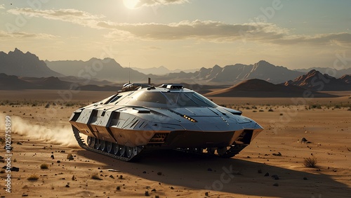 Futuristic Hover Tank Gliding Over a Vast Desert Landscape at Sunset photo