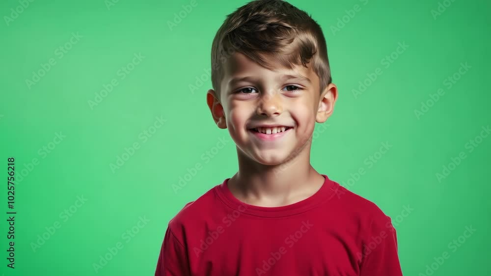 Smiling young boy in red shirt against a green background Smiling young boy in red shirt against a green background