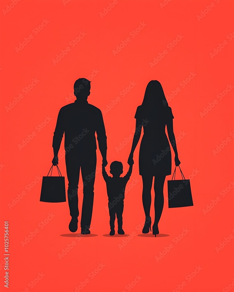 Family shopping silhouette against a vibrant background Family shopping silhouette against a vibrant background
