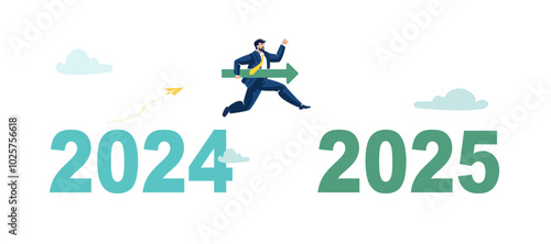 Positive motivation, success and business growth in the new year 2025, overcoming obstacles, unfinished tasks in the passing year, businessman with an arrow jumps from 2024 to 2025 Vector illustration