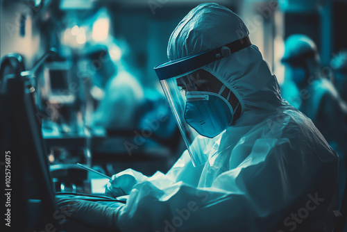 A doctor wearing full protective gear, including a face shield, treating a patient in an infectious disease ward photo