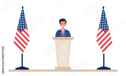 Male leader behind tribune with national flags. Vector illustration.