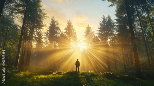 A person standing in a forest with sunlight streaming through the trees, symbolizing the light of abundance.