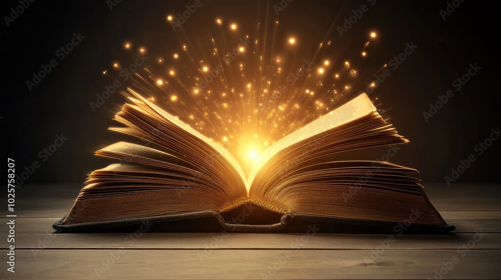Open book with radiant light rising from the pages, symbolizing futuristic technology in knowledge sharing, set against a simple background. Open book with radiant light rising from the pages, symbolizing futuristic technology in knowledge sharing, set against a simple background.