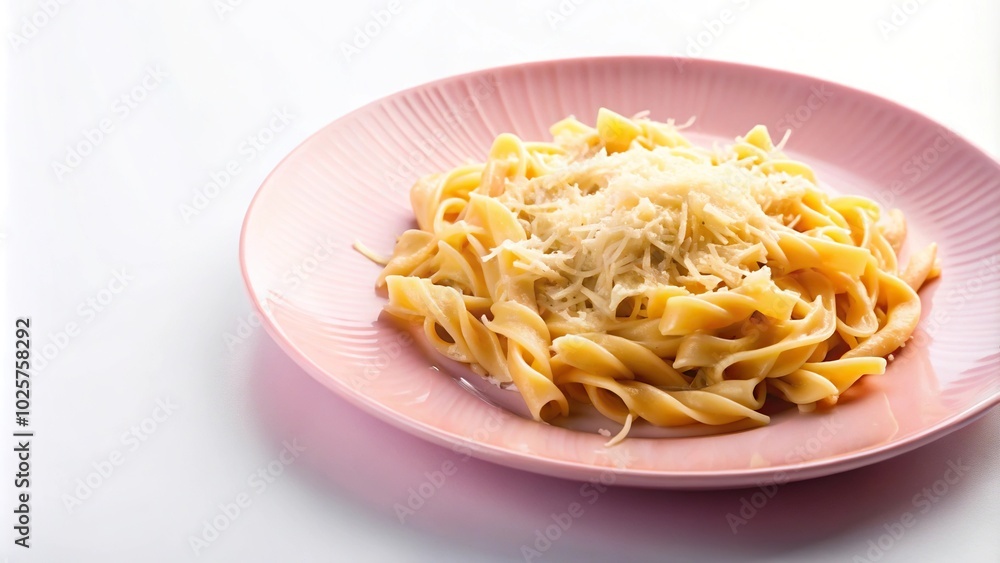 Close-up of pasta with cheese on a pink plate against a white background Close-up of pasta with cheese on a pink plate against a white background