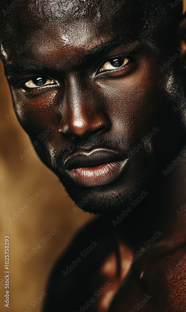 Close-up of a man's face, sweaty, intense gaze. Close-up of a man's face, sweaty, intense gaze.
