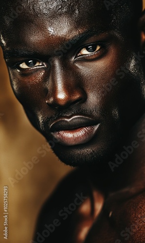 Close-up of a man's face, sweaty, intense gaze.