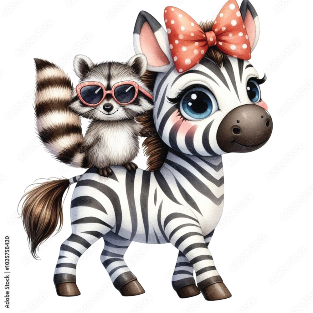 Fototapeta premium Zebra Raccoon sitting on the back clipart watercolor