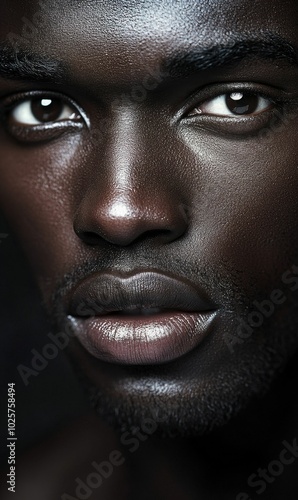 Close-up of a man's face with glistening skin.