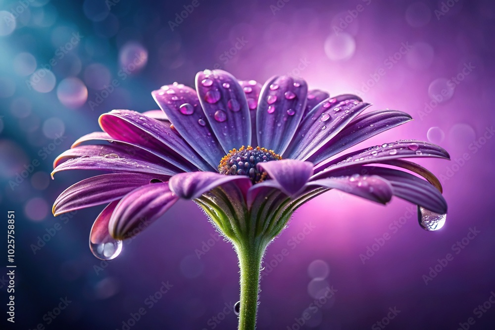 Obraz premium Close-up of purple flower with water droplets on gradient background