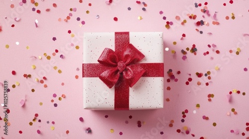 White gift box with red bow on pink background, top view with falling glitter and confetti, copy space