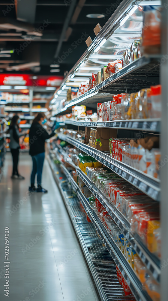 A side view of empty shelves in a grocery store, with customers wearing masks searching for supplies during a pandemic A side view of empty shelves in a grocery store, with customers wearing masks searching for supplies during a pandemic