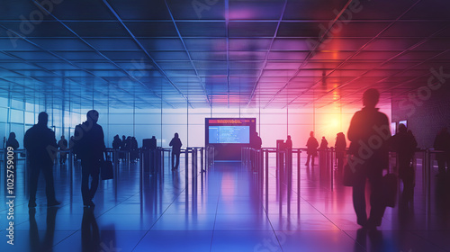 A front view of a temperature screening checkpoint at an airport, with travelers being checked for symptoms of fever