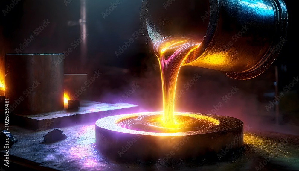 Liquid gold is poured into the mold. It glows brightly in the dark. gold melting, metal work. Liquid gold is poured into the mold. It glows brightly in the dark. gold melting, metal work.