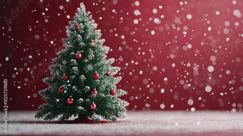 A festive Christmas tree adorned with colorful ornaments, surrounded by falling snowflakes on a vibrant red background.