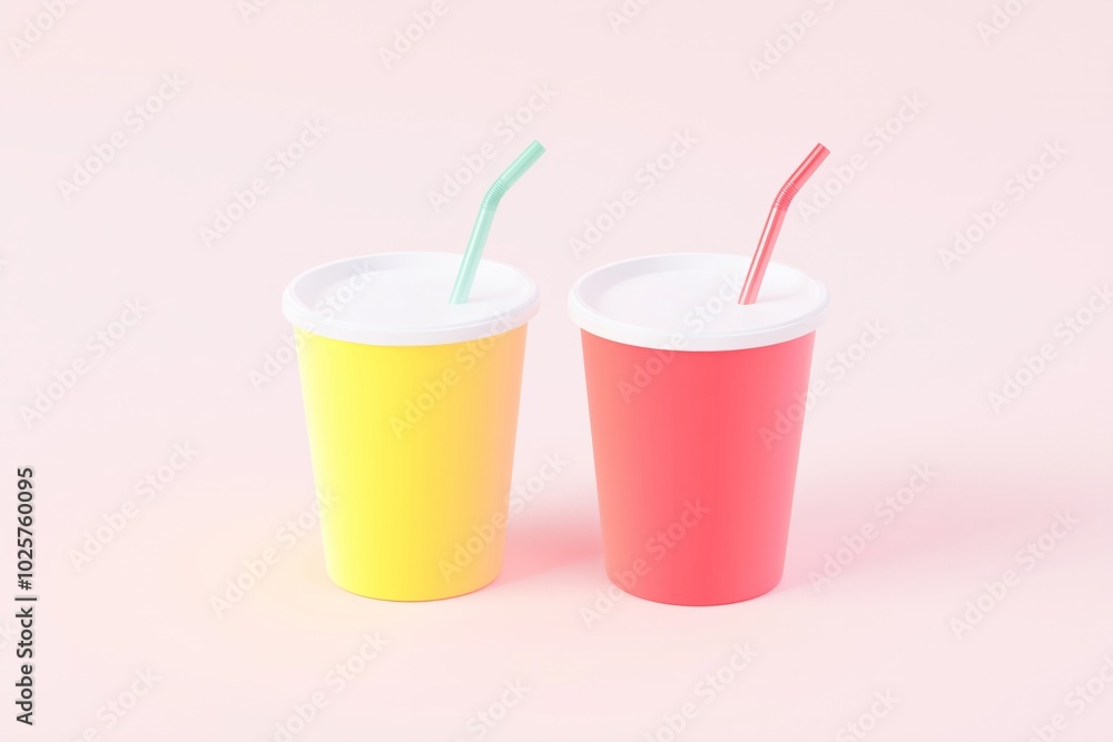 Two colorful cups with straws, one yellow and one red, side by side on a soft pink background Two colorful cups with straws, one yellow and one red, side by side on a soft pink background