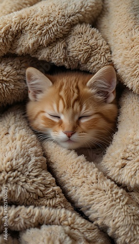 Tiny Kitten in a Warm Blanket: Fluffy and Calm, Enjoying a Cozy Sleep photo