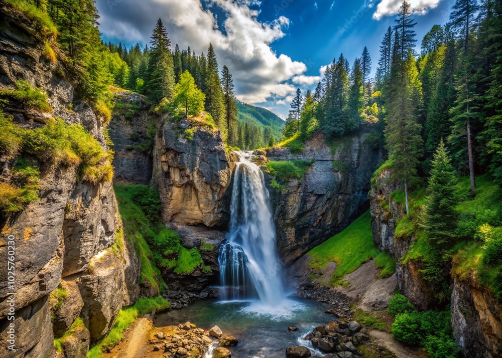 Majestic Thunderbird Falls Cascading Down Rocky Cliffs Surrounded by Lush Green Forest in Nature Majestic Thunderbird Falls Cascading Down Rocky Cliffs Surrounded by Lush Green Forest in Nature