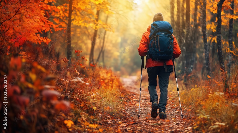 Hiker walking through autumn forest, vibrant orange leaves, scenic trail Hiker walking through autumn forest, vibrant orange leaves, scenic trail
