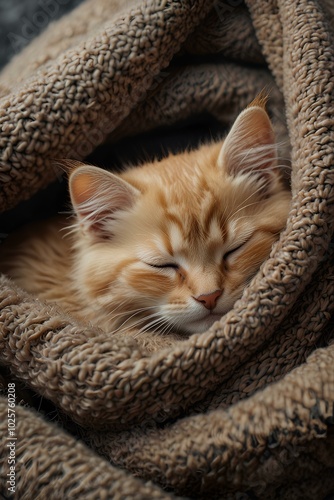 Tiny Kitten in a Warm Blanket: Fluffy and Calm, Enjoying a Cozy Sleep photo