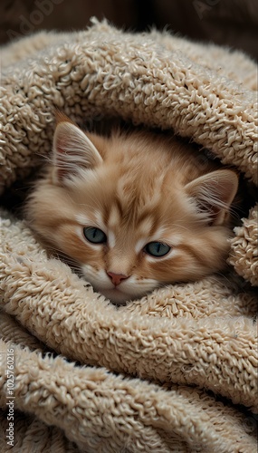 Tiny Kitten in a Warm Blanket: Fluffy and Calm, Enjoying a Cozy Sleep photo