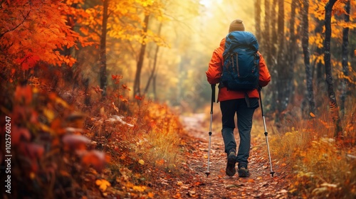 Hiker walking through autumn forest, vibrant orange leaves, scenic trail