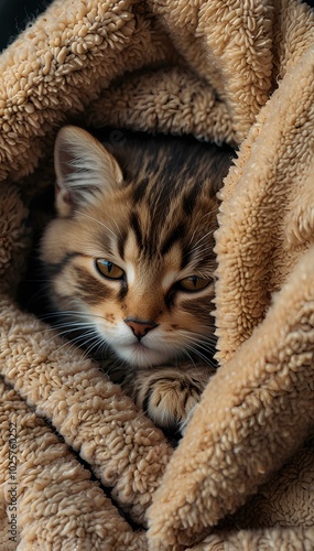 Tiny Kitten in a Warm Blanket: Fluffy and Calm, Enjoying a Cozy Sleep photo