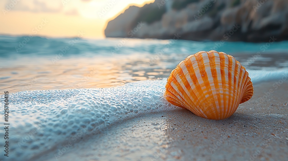 Seashell on sandy beach with waves at sunrise. Seashell on sandy beach with waves at sunrise.