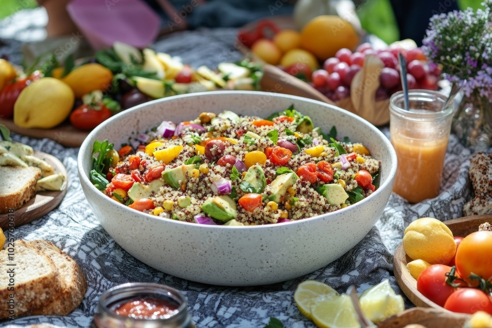 Vibrant Salad Bowl Surrounded by Fresh Fruits on a Picnic Table Vibrant Salad Bowl Surrounded by Fresh Fruits on a Picnic Table
