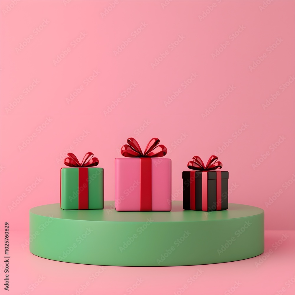 Obraz premium Festive gift boxes on a colorful display pedestal
