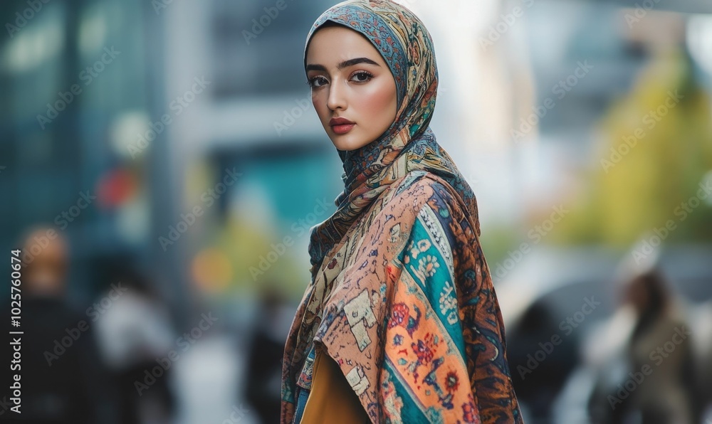 Woman in patterned hijab looking at camera. Woman in patterned hijab looking at camera.