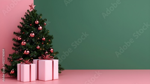 Festive Christmas tree with pink gifts on a pastel backdrop