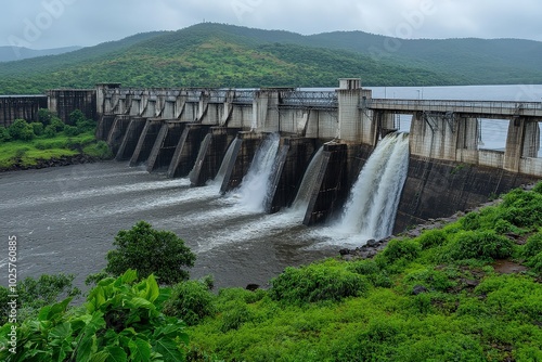 Hydroelectric dam with flowing water spillway