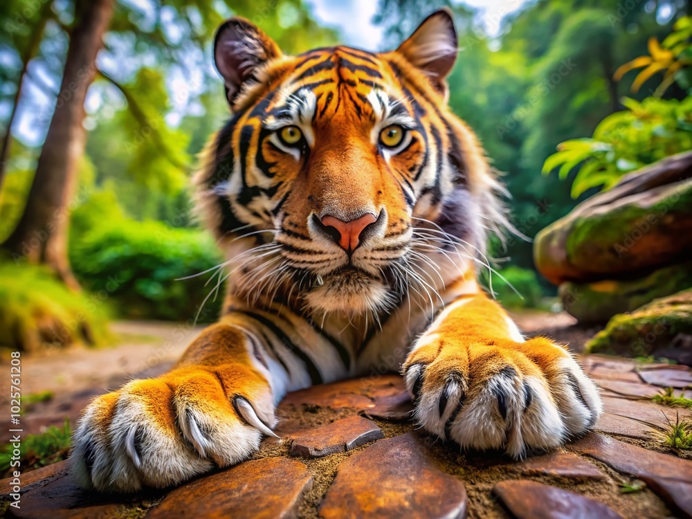 Obraz premium Majestic Tiger Paw Print in Nature - Captivating Wildlife Close-Up for Animal Lovers and Nature Enthusiasts