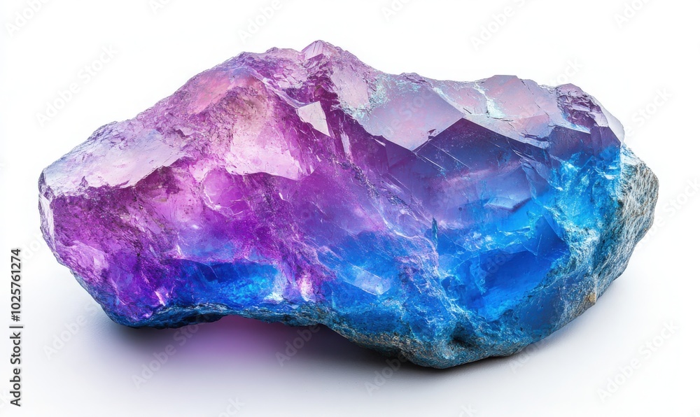 A stunning blue and purple iridescent rock resting on a clean white surface A stunning blue and purple iridescent rock resting on a clean white surface