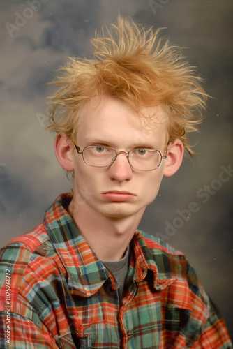 people of ai // yearbook school photo of awkward and lanky young man with blonde spiky hair, glasses and plaid shirt, bad hair day, photorealistic photo